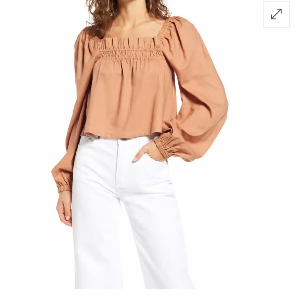 NWT Open Edit Linen BlendBlouse in Warm Tan Size Small